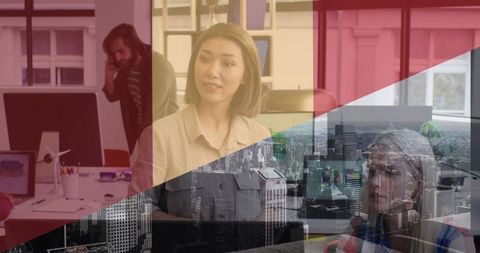 Multiracial team cooperating in modern office with urban skyline overlay