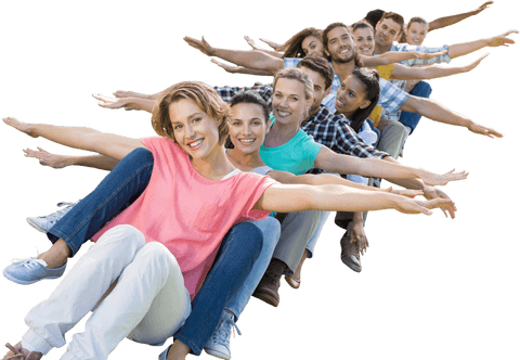 Transparent Row of Happy Friends Enjoying Outdoor Recreation