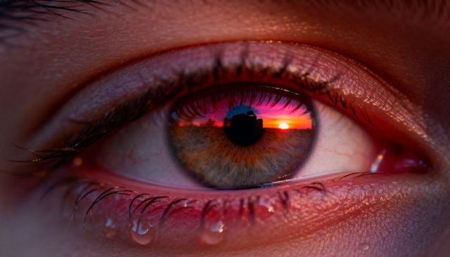 Tearful Hazel Eye Reflecting Vibrant Sunset Horizon with Tear Droplets Macro Close-up