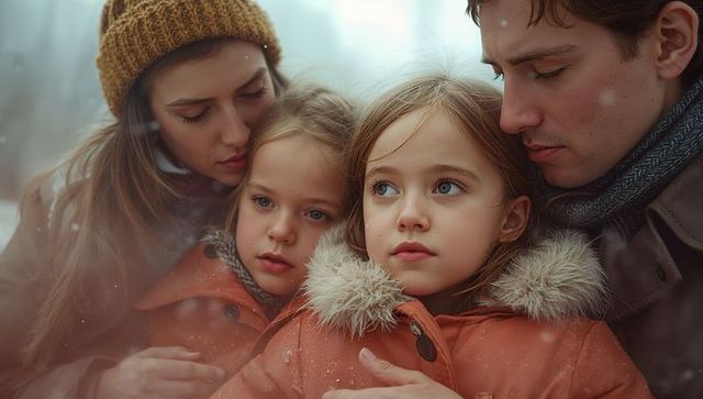 Family Embracing Winter Warmth in Snowy Park