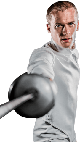 Determined fencer in stance with epee on transparent background