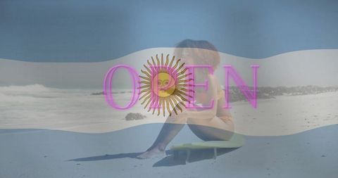 Woman in Yellow Swimsuit Relaxing with Vibrant OPEN Sign on Beach