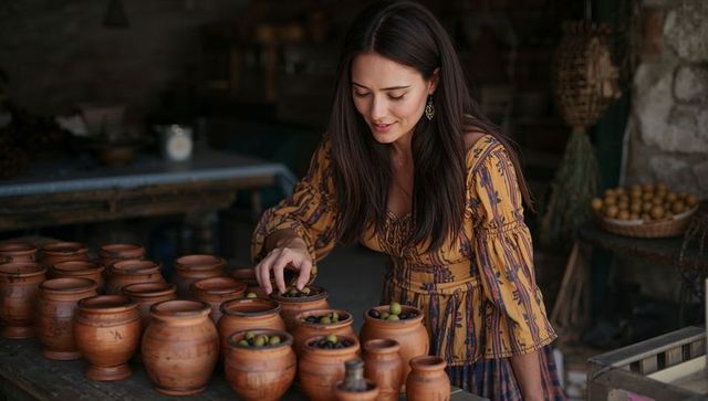 Young woman arranging olives in terracotta jars at rustic artisanal market stall