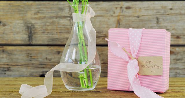 Mother's Day Gift with Wrapped Present and Vase on Rustic Wooden Table - Download Free Stock Images Pikwizard.com