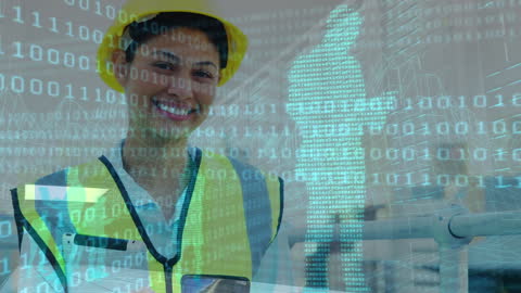Businesswoman in Hard Hat Analyzing Digital Data Interface
