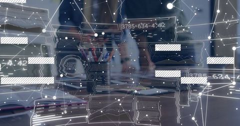 Businesswomen collaborating and analyzing data with augmented reality HUD dashboards