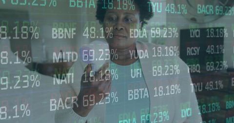 Elderly woman checking temperature with stock market overlay