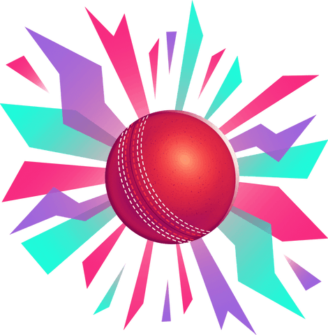 Stylized cricket ball with vibrant shards on transparent background