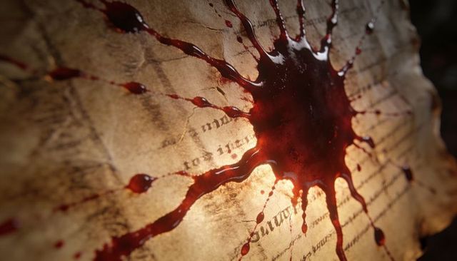 Crimson blood splatter soaking aged manuscript with dark ink stain and warm backlight