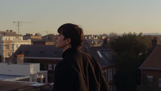 Asian man standing on rooftop terrace gazing across urban rooftops and city skyline at golden sunset