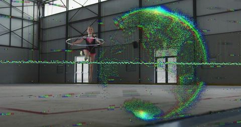 Young gymnast leaping with hula hoop and neon glitch particle arc, dynamic sports art