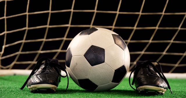 Soccer Ball and Cleats on Green Field with Goal Net in Background - Download Free Stock Images Pikwizard.com