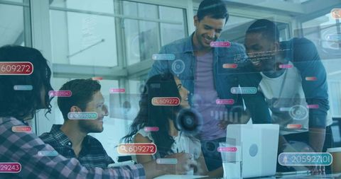 Diverse Team Analyzing Data with Holographic Interfaces in Office