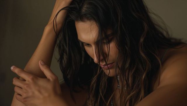 Contemplative woman leaning with bare shoulders, loose hair and downward gaze
