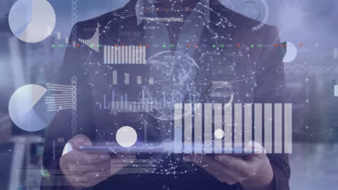 Businessman Analyzing Global Data Network with Tablet