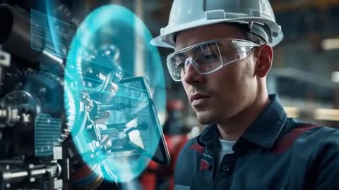 Engineer monitoring holographic diagnostics over industrial gears using tablet in plant