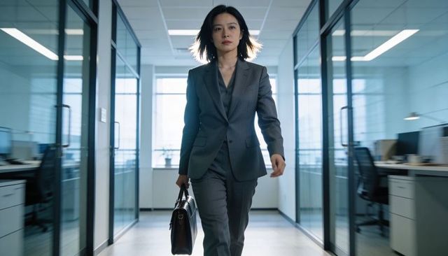 Asian executive walking through glass office corridor carrying leather briefcase