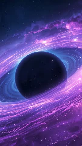 Vertical video approaching ringed planet rotating through violet nebula with glowing rings