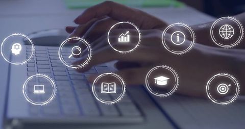 Woman typing on laptop with glowing analytics, search and education icon overlays for e-learning