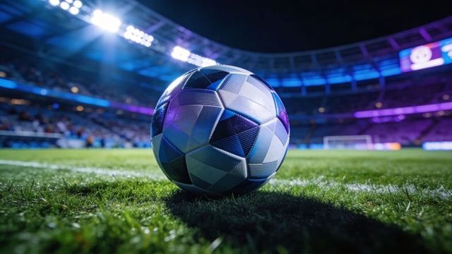 Modern soccer ball resting on illuminated stadium grass at night with purple reflections