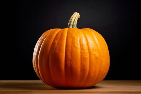 Large Orange Pumpkin on Wooden Table Against Dark Background