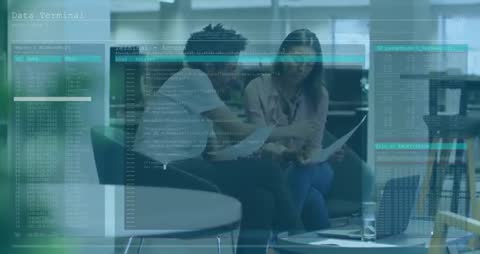 Collaborative Report Analysis in Modern Office with Tech Overlay