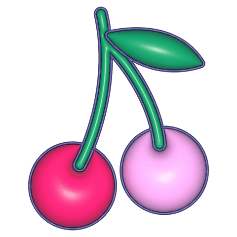 Two cherries transparent vector sticker with glossy enamel bevel red and pink embossed outline