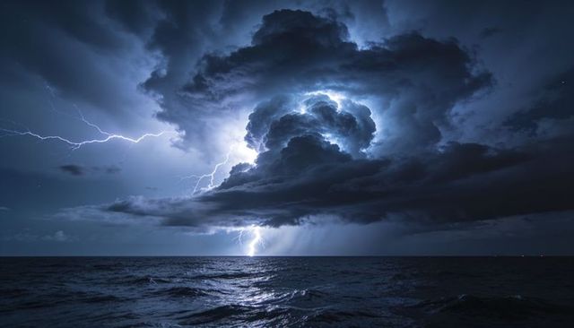 Lightning striking ocean beneath towering cumulonimbus cloud at night, dramatic storm