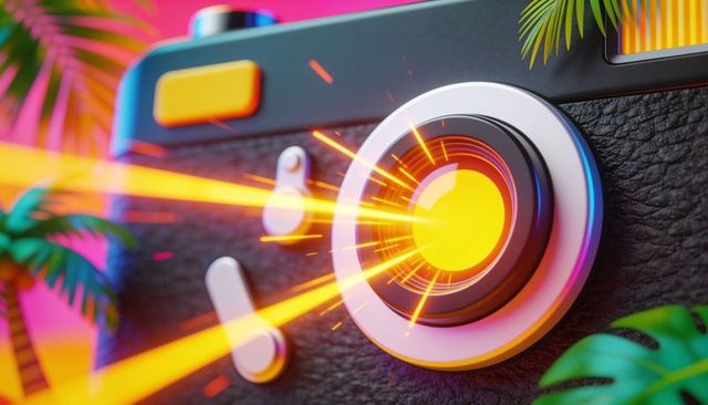 Retro camera lens emitting neon sparks with tropical palm fronds, vibrant 3d glow render