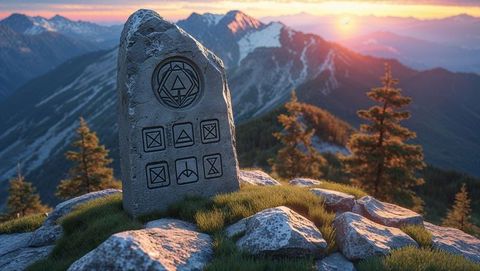 Mystical Stone Monument on Mountain Peak at Sunrise