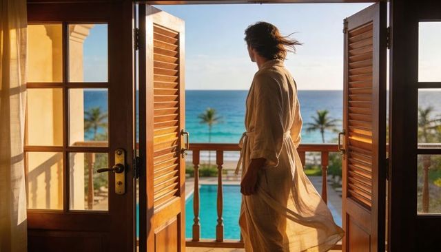 Man in linen robe standing on resort balcony gazing at turquoise ocean and palm trees
