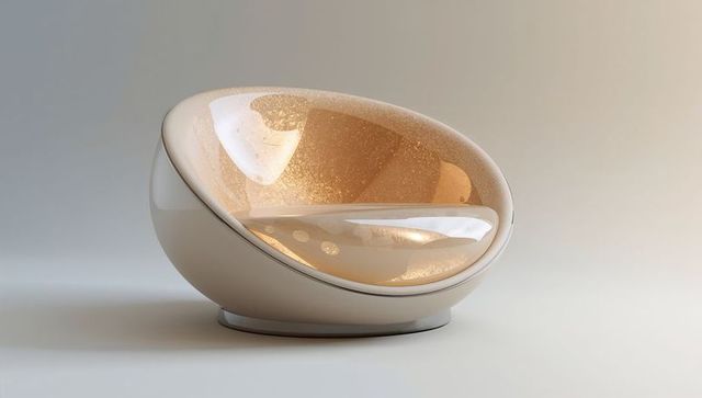 Futuristic pod lounge chair with gloss lacquer and gold interior, minimal luxury design