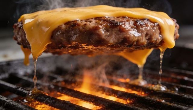 Melting cheddar cheese dripping from sizzling beef burger patty over flaming grill