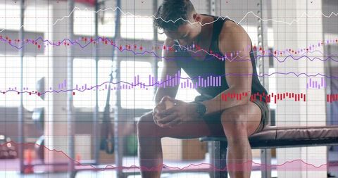 Sitting athlete on bench with data overlays, workout analytics and performance charts