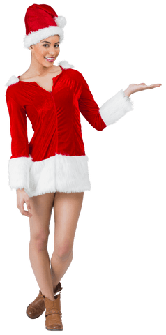 Smiling Woman in Santa Outfit with Open Hand Gesture on Transparent