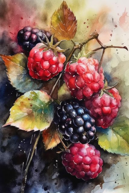 Vibrant watercolor painting depicting raspberries and blackberries on a vine with leaves. Ideal for use in kitchen decor, botanical-themed designs, food-related publications, or seasonal promotions. Perfect for illustrating articles on gardening, healthy eating, and natural beauty.