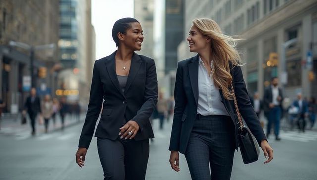 Confident Businesswomen in Suits Walking in Urban Environment