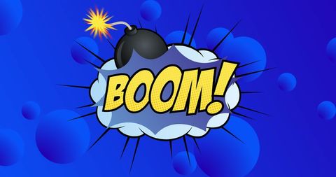 Comic Style Boom Explosion on Blue Background