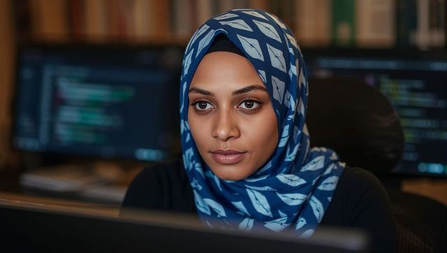 Focused developer wearing blue hijab programming at office desk