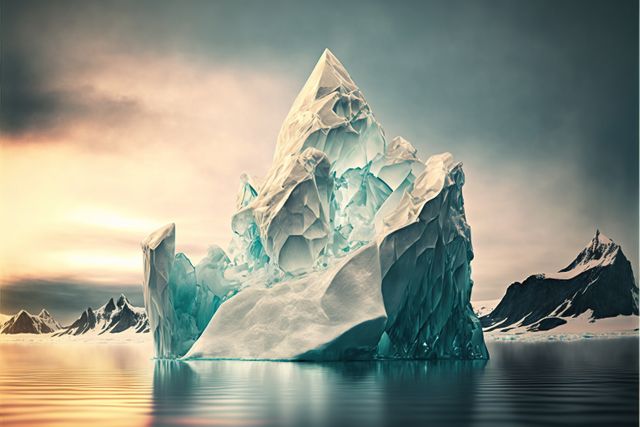 Composition of iceberg reflected in sea over clouds, created using generative ai technology. Nature and icebergs concept digitally generated image.