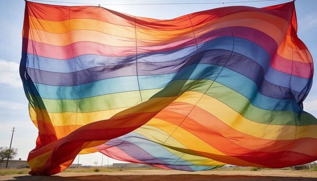 Monumental translucent rainbow fabric waving over dusty landscape casting color shadows