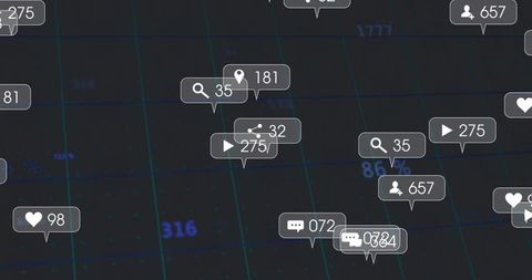 Floating social engagement badges over dark grid showing analytics metrics and futuristic data visua