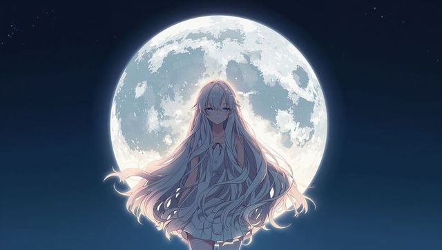 Mystical silver-haired figure under radiant full moon at night