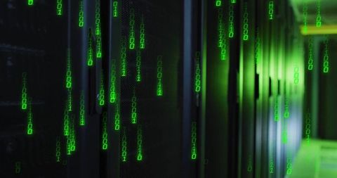 Digital binary code flowing in data center environment