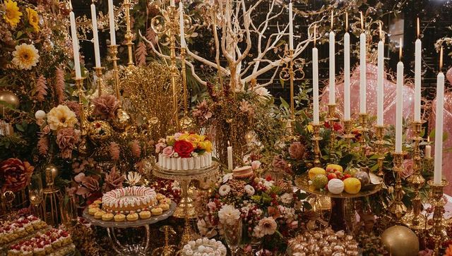 Exquisite Dessert Display with Floral and Gold Elements