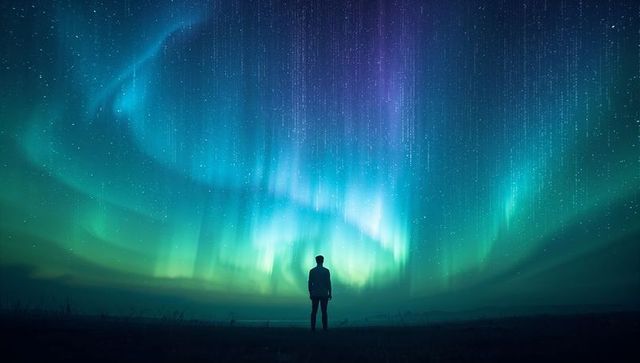 Standing lone silhouette watching northern lights over tundra under starry celestial sky