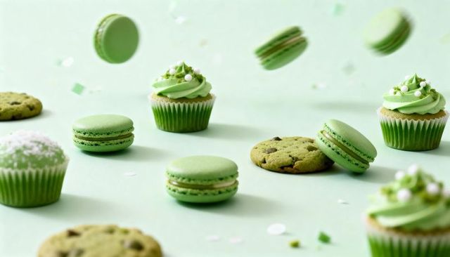 Floating pistachio macarons and mint cupcakes with confetti pastel dessert flatlay studio
