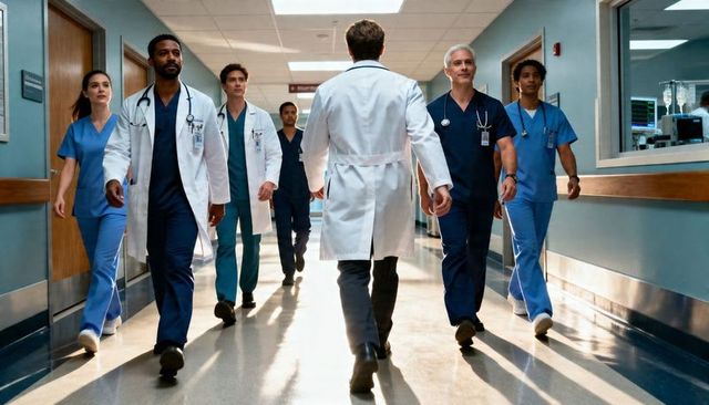 Lead physician walking with diverse medical team in hospital corridor, teamwork and care