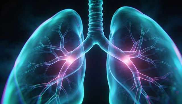 Neon Transparent Lungs with Glowing Bronchi and Vascular Network Medical Visualization