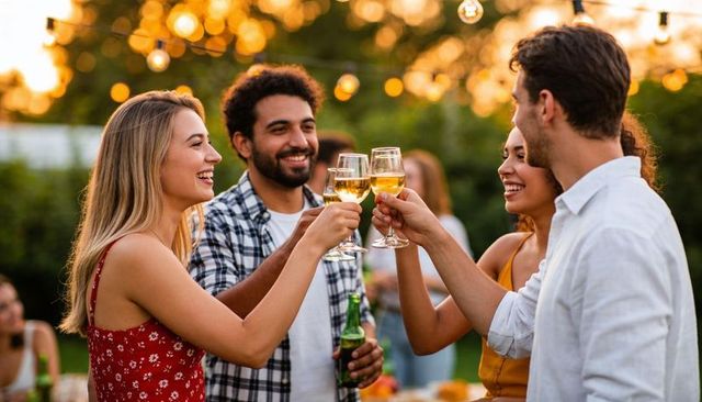 Friends clinking wine glasses at backyard sunset party under string lights